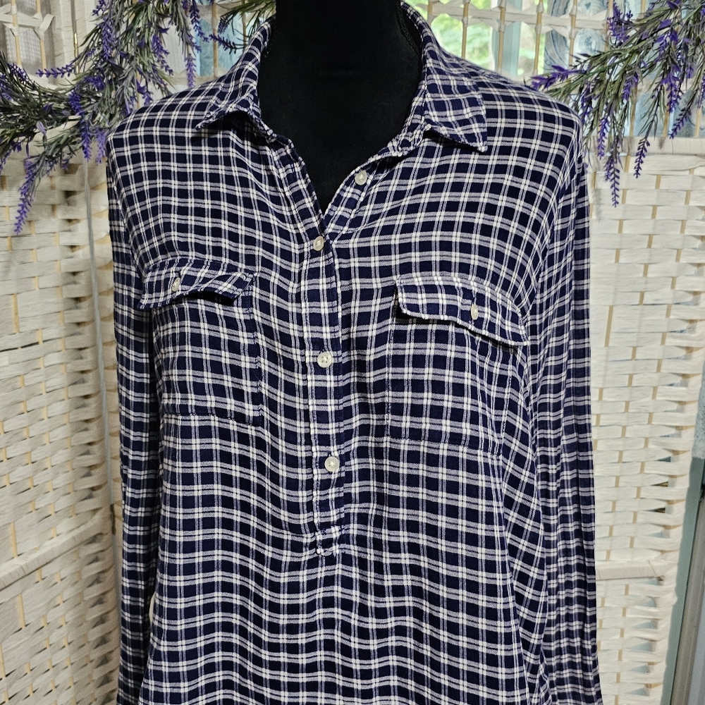 Gap Blue Plaid Half Button Up Pullover Top - image 3